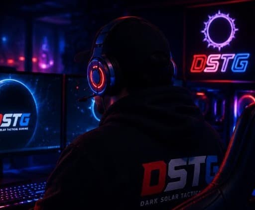 DSTG player at the command desk under red and blue neon